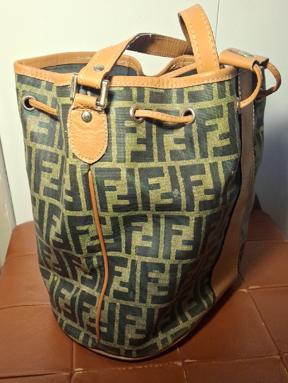 Fendi Leather-Trim Monogram Bucket Shoulder Bag in Tan and Black - Picture 4 of 12